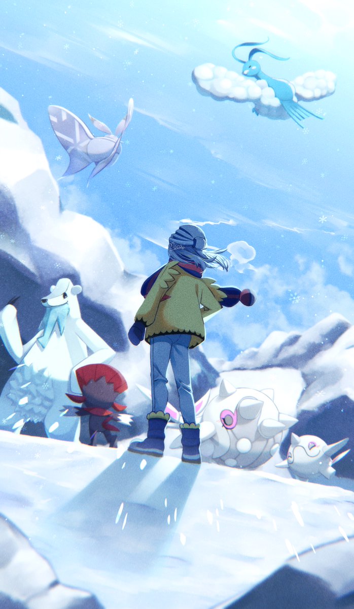 1boy altaria beartic blue_footwear blue_hair blue_mittens boots cetitan cetoddle commentary_request day floating_hair floating_scarf fog frosmoth grusha_(pokemon) jacket long_hair male_focus mocacoffee_1001 outdoors pants pokemon pokemon_(creature) pokemon_(game) pokemon_sv scarf sky snow snowflakes standing weavile yellow_jacket