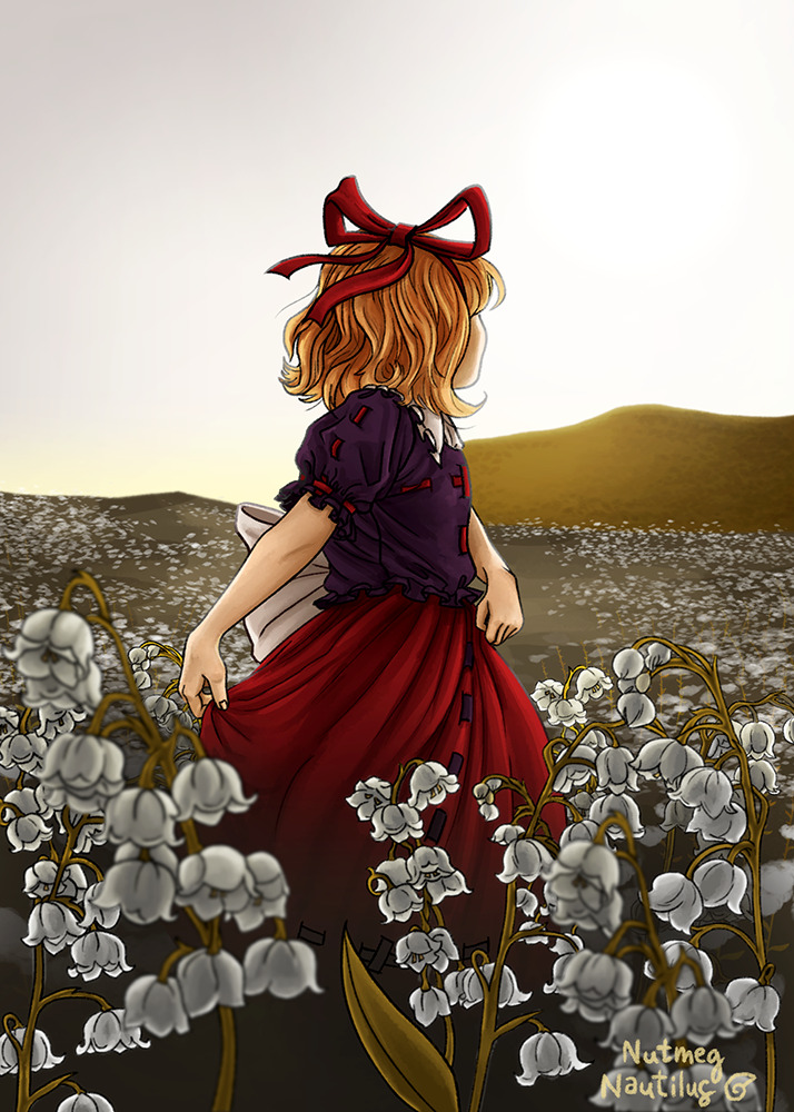 1girl black_shirt blonde_hair bow bubble_skirt doll field flower flower_field frilled_shirt_collar frills lily_of_the_valley looking_back medicine_melancholy nameless_hill nutmegnautilus puffy_short_sleeves puffy_sleeves red_bow red_ribbon red_skirt ribbon shirt short_hair short_sleeves skirt solo touhou wavy_hair white_flower