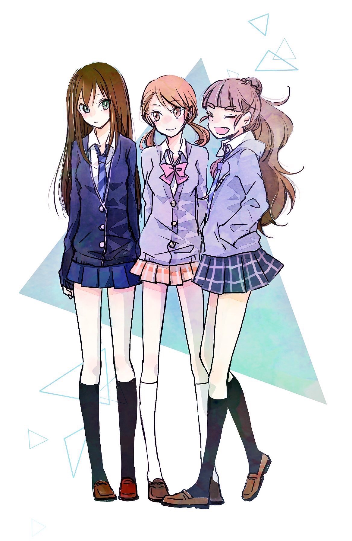 3girls ^_^ ^o^ bangs black_socks blunt_bangs blush bow bowtie brown_footwear cardigan closed_eyes full_body grey_hoodie hair_bun hands_in_pockets highres hojo_karen hood hoodie idolmaster idolmaster_cinderella_girls idolmaster_cinderella_girls_starlight_stage kamiya_nao loafers long_hair long_sleeves looking_at_another loose_bowtie loose_necktie multiple_girls necktie patterned_background plaid pleated_skirt prm_srmn school_uniform shibuya_rin shoes single_hair_bun skirt smile socks straight_hair thick_eyebrows triad_primus_(idolmaster) triangle twintails very_long_hair white_socks