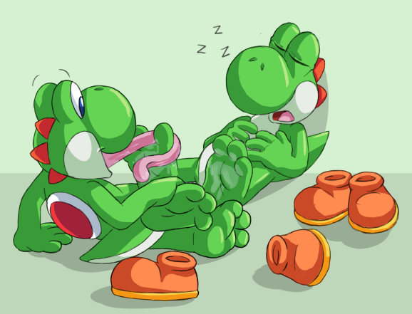 anthro aperture-styles barefoot between_toes blue_eyes bodily_fluids crossed_legs duo feet foot_fetish foot_focus foot_lick foot_play glistening glistening_body green_body green_yoshi hand_on_floor happy licking long_tongue male male/male mario_bros nintendo pink_tongue saliva saliva_on_foot simple_background sleeping toes tongue tongue_out white_background yoshi yoshi_(character)
