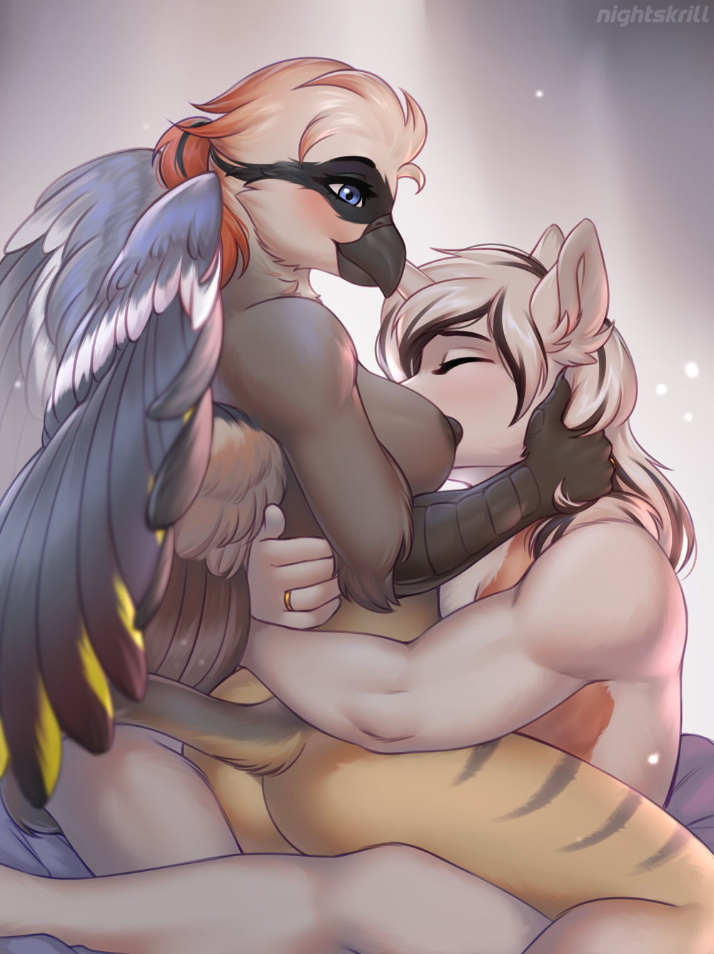 anthro avian blue_eyes breasts burn_scar clawed_fingers duo embrace equid equine eyes_closed feathers female friendship_is_magic gryphon hasbro hi_res horn hug looking_at_another looking_down male male/female mammal married_couple multicolored_body multicolored_feathers my_little_pony mythological_avian mythology nightskrill nipples on_lap ring scar sitting_on_lap smile unicorn wings