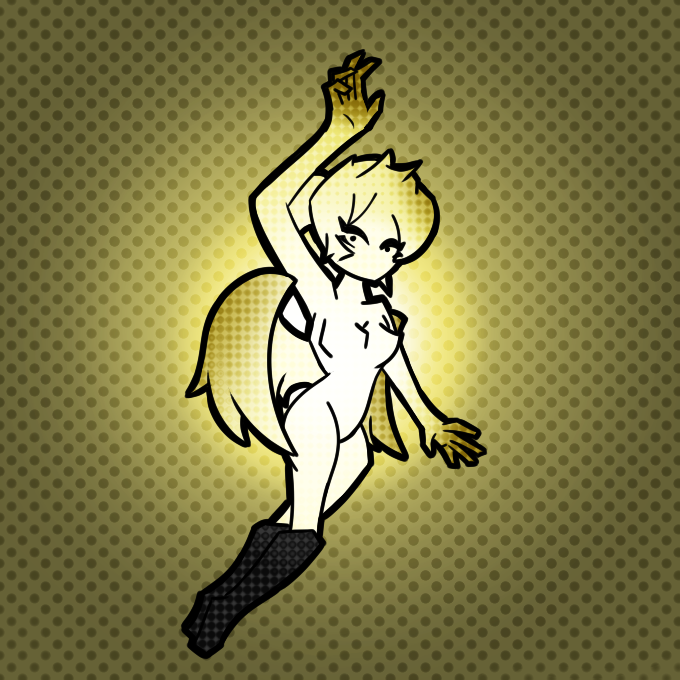 2023 angel angel_humanoid back_wings boots boots_only breasts clothing fan_character feathered_wings feathers featureless_breasts female footwear footwear_only glowing hair humanoid looking_at_viewer malegardevoir medium_breasts mostly_nude not_furry ponytail simple_background solo winged_humanoid wings yellow_background