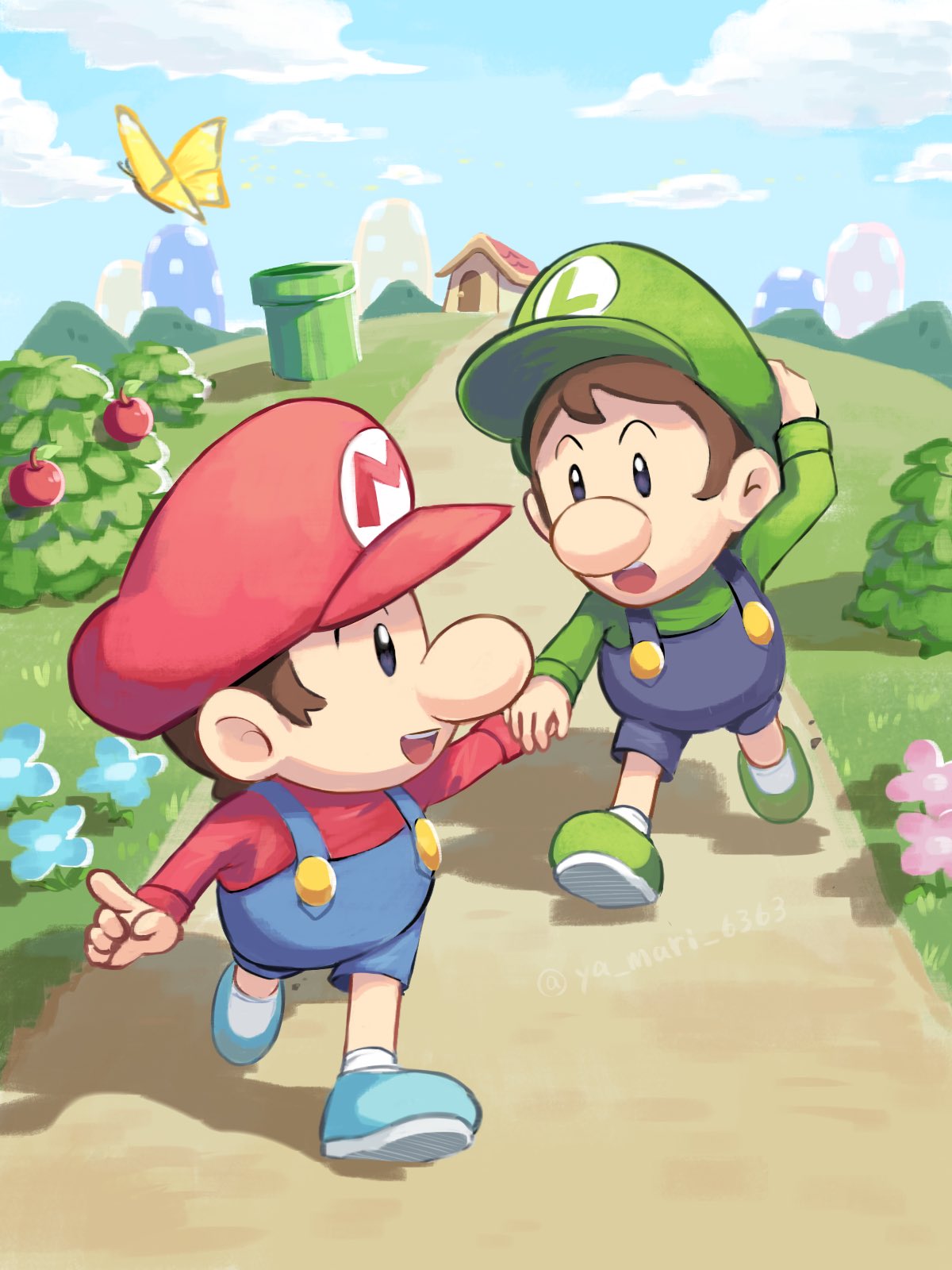2boys baby_luigi baby_mario blue_footwear blue_overalls blue_sky bug building bush butterfly flower food fruit grass green_footwear green_headwear green_shirt hat highres mario_(series) multiple_boys open_mouth outdoors overalls path red_headwear red_shirt shirt shoes sky teeth upper_teeth_only warp_pipe ya_mari_6363 yellow_butterfly