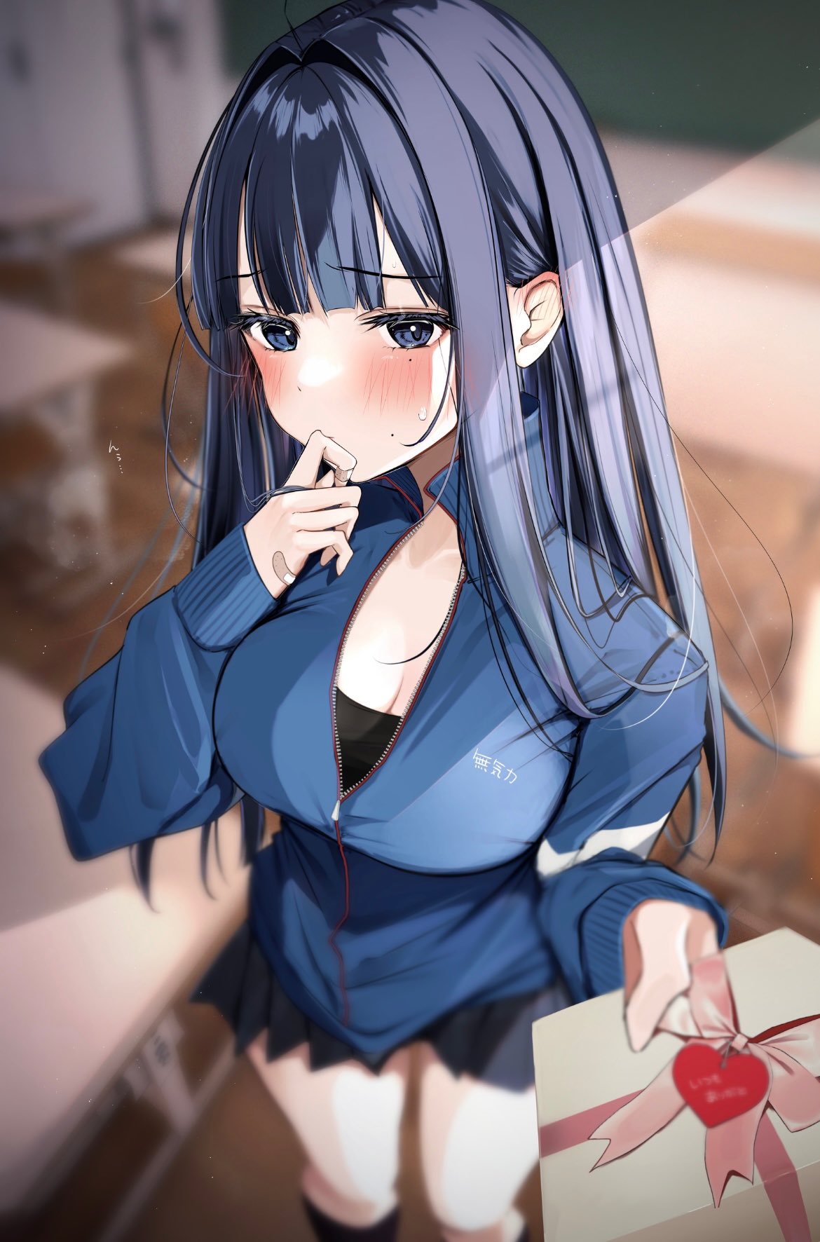1girl bandaid bandaid_on_hand bangs black_skirt black_socks blue_hair blue_jacket blunt_bangs blurry blurry_background blush breasts classroom cleavage commentary_request ear_blush gift highres holding holding_gift incoming_gift indoors jacket large_breasts long_hair long_sleeves looking_at_viewer miniskirt original partially_unzipped pleated_skirt sidelocks skirt sleeves_past_wrists socks solo uiri-na