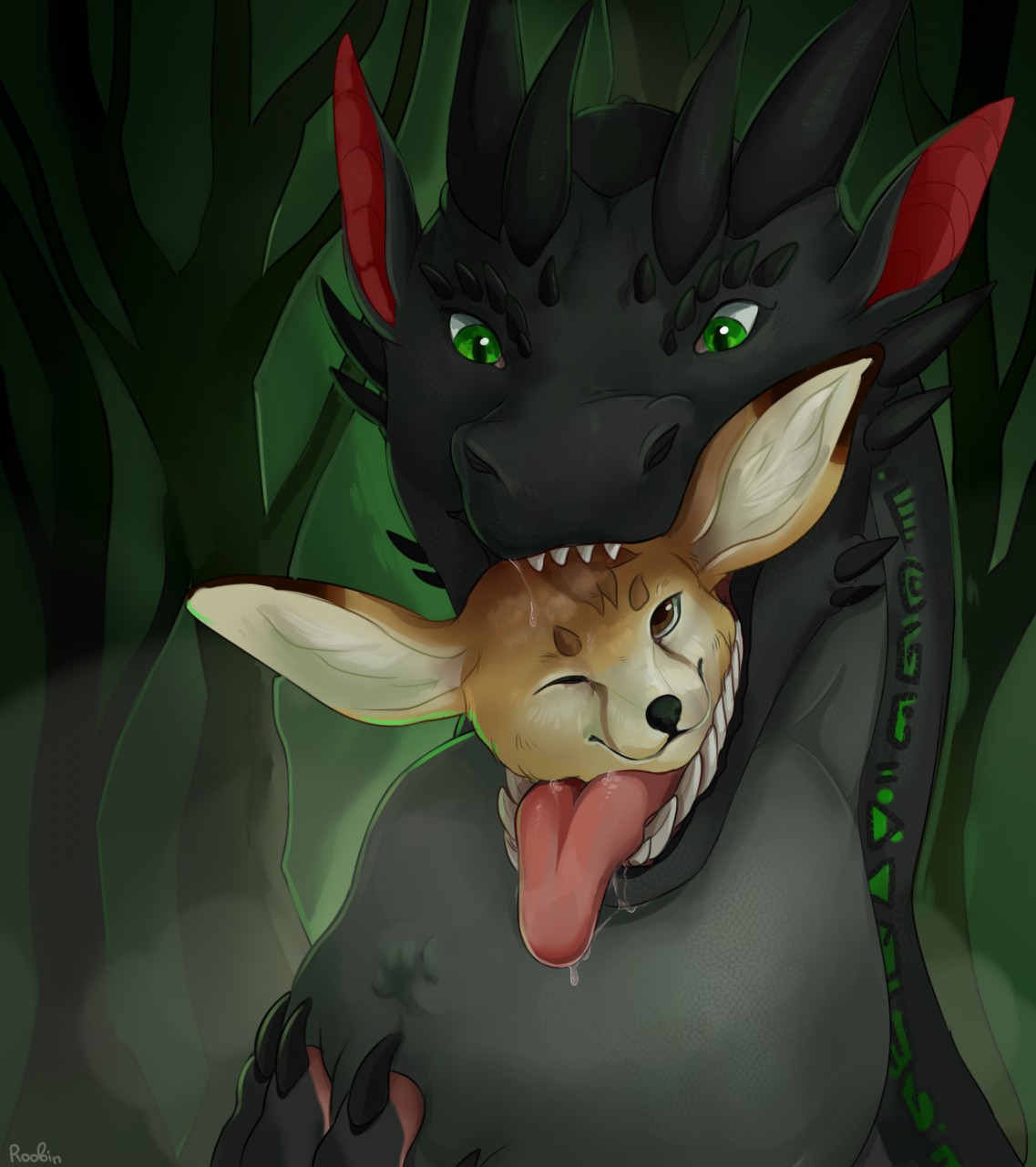 ambiguous_gender black_body black_claws black_horn brown_eyes canid canine claws closed_smile dragon duo fangs fennec feral fox front_view fur glistening glistening_eyes green_eyes grey_body hi_res horn in_mouth looking_at_viewer mammal mouth_closed neck_bulge one_eye_closed oral_vore paw_imprint plant red_tongue roobin saliva_on_chin signature tan_body tan_fur teeth tongue tongue_out tree vore