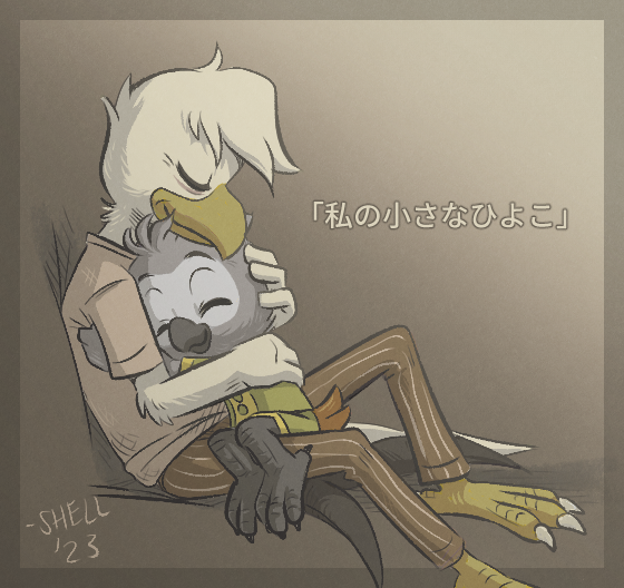 2023 african_grey afrotropical_parrot anthro arm_tuft avian barefoot beak bird black_tail_feathers boyd_(character) brown_background brown_clothing chicken claws clothing cuddling dated disney ducktales ducktales_(2017) duo elbow_tuft embrace father father_and_child father_and_son feathers feet galliform gallus_(genus) gradient_background green_clothing grey_beak grey_body grey_feathers grey_feet grey_legs grey_tail_feathers gyro_gearloose head_tuft heel_claw holding_character hug japanese_text male orange_beak orange_feet pajama_bottoms pajama_pants pajama_shirt pajamas parent parent_and_child parent_and_son parrot phasianid red_body red_feathers scuted_feet scuted_legs scutes shellyochunks shirt signature simple_background son t-shirt talons tan_background tan_body tan_clothing tan_feathers tan_tail_feathers text toe_claws topwear true_parrot tuft white_body white_feathers white_tail_feathers yellow_beak yellow_clothing yellow_feet