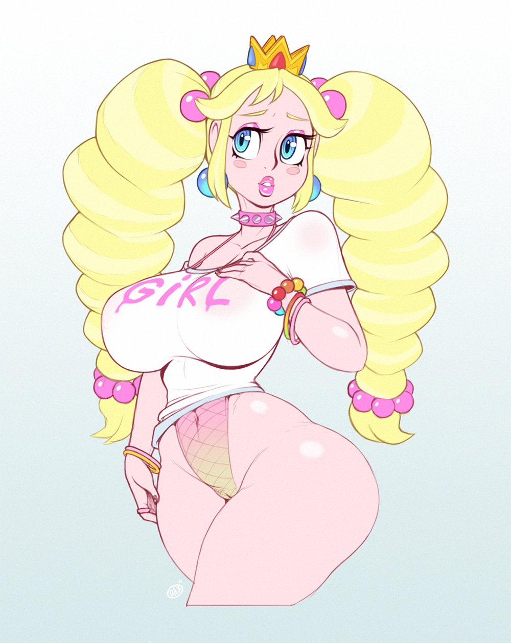 1girl bimbo_peach blonde_hair blue_eyes borrowed_design bracelet breasts cameltoe choker covered_navel covered_nipples cowboy_shot cropped_legs crown earrings gradient_background highres jewelry large_breasts long_hair low-tied_long_hair mario_(series) parted_lips pink_choker princess_peach print_shirt rocketraptor shirt short_sleeves solo spiked_choker spikes twintails very_long_hair white_background white_shirt