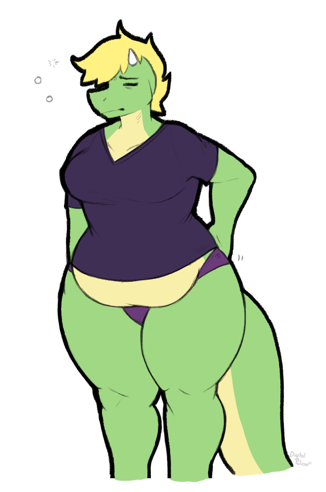 anthro blonde_hair breasts clothed clothing digitalpelican dragon eyes_closed female green_body green_scales groggy hair horn muffin_top overweight overweight_anthro overweight_female panties partially_clothed scales scalie shirt solo standing t-shirt thick_thighs tired topwear underwear waking_up
