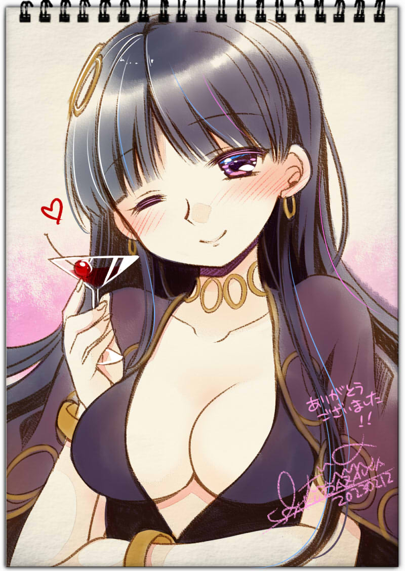 1girl ;) black_dress black_hair blush breasts capelet cherry cleavage closed_mouth cocktail_glass commentary_request copyright_request cup dress drink drinking_glass earrings food fruit head_tilt heart holding holding_cup jewelry long_hair medium_breasts one_eye_closed plunging_neckline purple_capelet purple_eyes sakurazawa_izumi smile solo upper_body