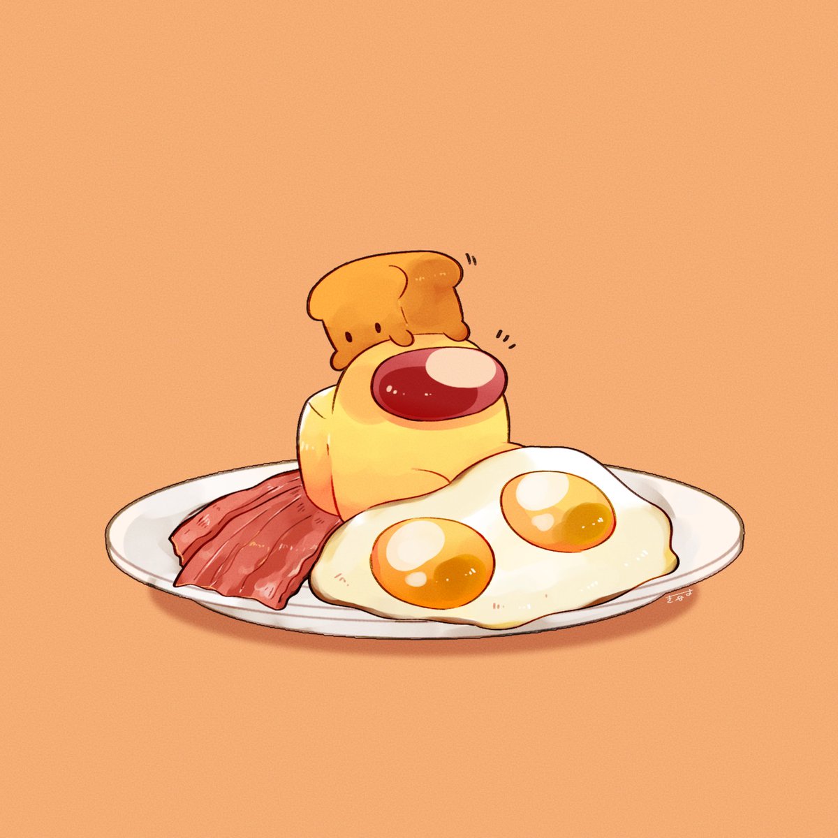 1other among_us artist_name bacon bread breb_(among_us) commentary crewmate_(among_us) egg_(food) food fried_egg full_body highres no_humans notice_lines on_head orange_background plate shadow simple_background sitting symbol-only_commentary tenmiyakiyo yellow_(among_us)