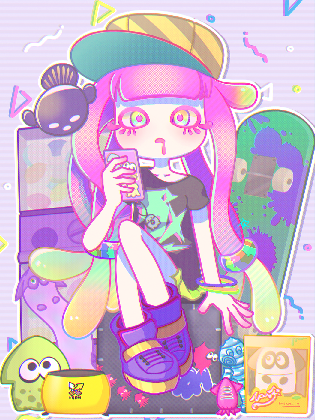 1girl bangs bracelet cellphone drooling eyelashes gradient_hair harmony's_clownfish_(splatoon) harmony_(splatoon) highres holding holding_phone jewelry long_hair multicolored_hair partyanthem phone pink_hair purple_footwear shirt shoes sitting skateboard smartphone sneakers solo speaker splatoon_(series) t-shirt tentacle_hair yellow_eyes