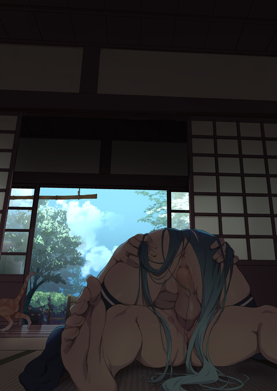 1boy 1girl anus architecture ass_grab black_thighhighs blue_hair cat commentary cowgirl_position day east_asian_architecture girl_on_top hetero highres indoors kantai_collection long_hair mosaic nude penis samidare_(kancolle) sex shouji sliding_doors straddling takemura_sessyu tatami testicles thighhighs vaginal very_long_hair