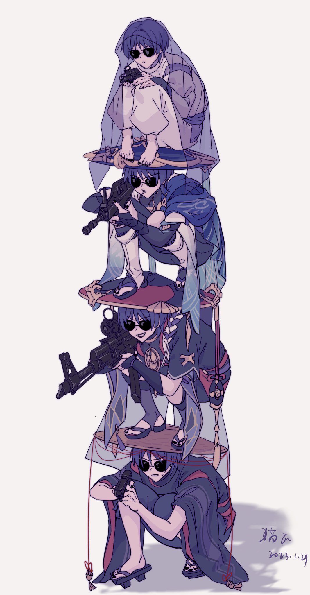 4boys :&lt; aiming armor bangs barefoot black_nails closed_mouth dual_persona genshin_impact grey_background gun hat highres holding holding_gun holding_weapon human_tower japanese_armor japanese_clothes jingasa kote kurokote maoni_oo multiple_boys open_mouth sandals scaramouche_(genshin_impact) scaramouche_(kabukimono)_(genshin_impact) shadow simple_background squatting stacking standing_on_person sunglasses sweat wanderer_(genshin_impact) weapon wide_sleeves