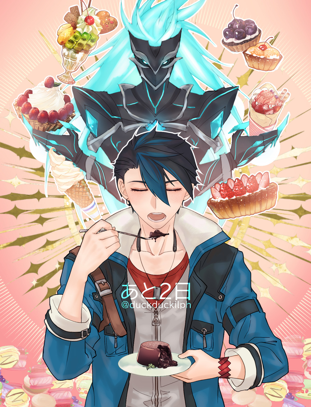 1boy cake cherry chocolate closed_eyes crepe earrings eating eiyuu_densetsu food fruit glass grendel_(eiyuu_densetsu) highres holding holding_spoon ice_cream ice_cream_cone ice_cream_sandwich ilphain jewelry kuro_no_kiseki multicolored_hair open_mouth pie plate pudding spoon strawberry_cake two-tone_hair van_arkride