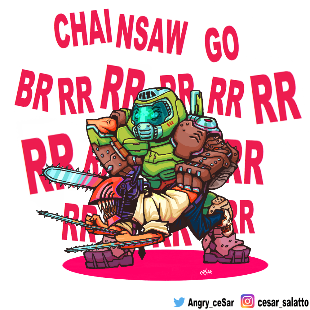 2boys anger_vein armor ass black_necktie cesar_art chainsaw chainsaw_man constricted_pupils crossover denji_(chainsaw_man) doom_(series) doomguy english_text helmet looking_ahead monster_boy multiple_boys necktie sharp_teeth shirt teeth twitter_username v-shaped_eyebrows white_shirt