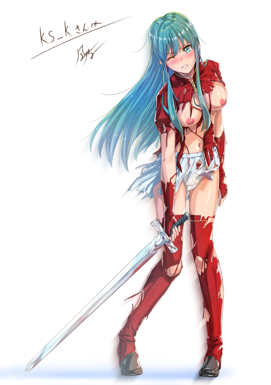 1girl aqua_hair blue_eyes blush boots bow bow_panties breasts breasts_out bruise commission eirika_(fire_emblem) fingerless_gloves fire_emblem fire_emblem:_the_sacred_stones gloves highres holding holding_sword holding_weapon injury kazeno medium_breasts navel nipples one_eye_closed panties red_footwear red_thighhighs shirt simple_background skeb_commission skirt solo sweat sword thigh_boots thighhighs torn_clothes torn_shirt torn_skirt torn_thighhighs underwear weapon white_background white_panties