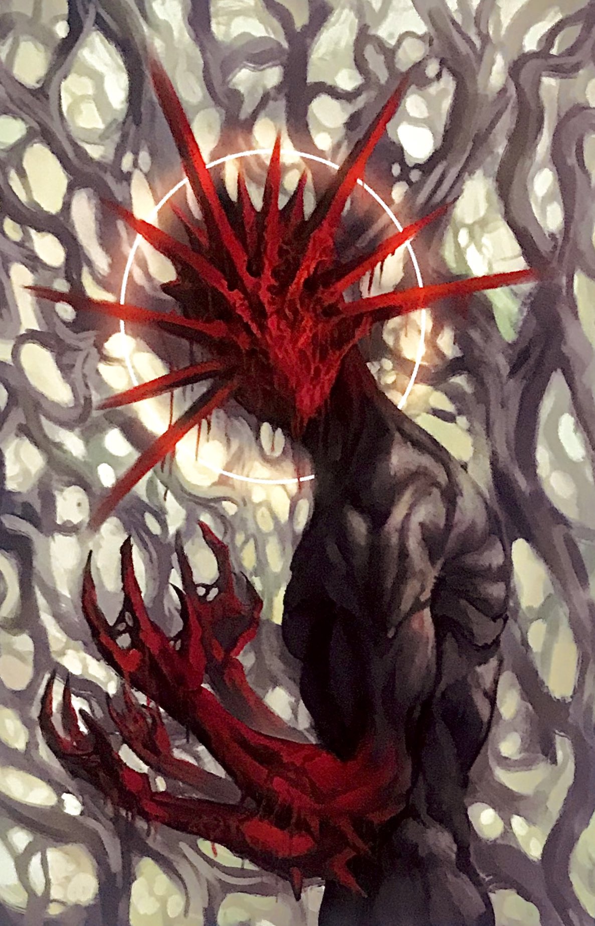 2022 abstract_background airdorf_games demon exobelos faceless_character faceless_humanoid faceless_male faith_the_unholy_trinity half-length_portrait halo head_spikes hi_res humanoid looking_at_viewer male mirror_demon_(faith) muscular muscular_male nightmare_fuel nude portrait red_body red_skin side_view solo spikes spikes_(anatomy) where_is_your_god_now