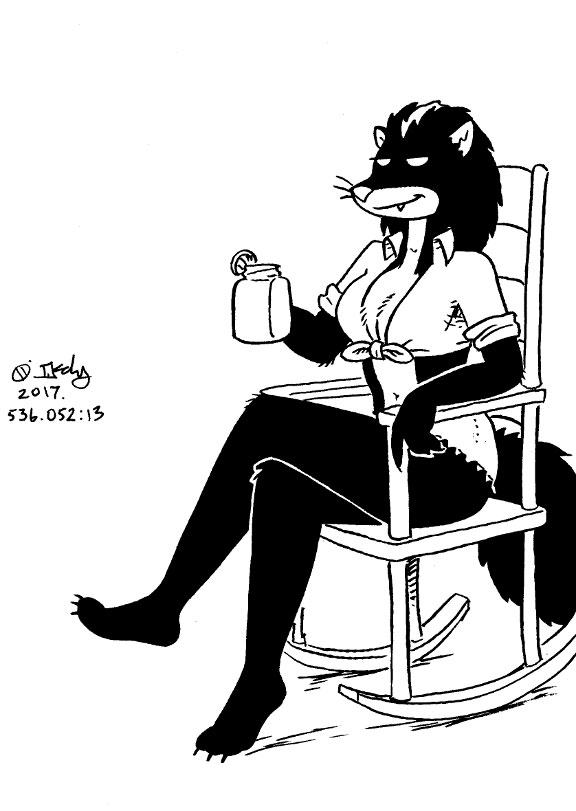 alcohol anthro belly beverage bottomwear breasts catherine_o'daisies chair cleavage clothed clothing collared_shirt female furniture mammal mature_female mephitid midriff monochrome navel potbelly relaxing shirt shorts skunk slim small_waist tegerio tied_shirt topwear zandar's_saga
