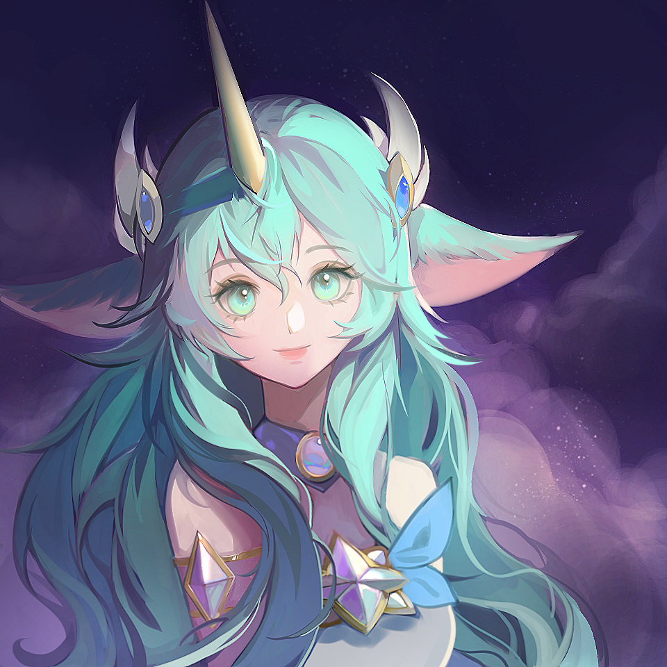 1girl animal_ears bangs bare_shoulders closed_mouth elbow_gloves gem gloves gradient_background green_eyes green_hair horns league_of_legends leotard long_hair looking_at_viewer official_alternate_costume pointy_ears purple_background saikayo single_horn smile solo soraka_(league_of_legends) star_(symbol) star_guardian_(league_of_legends) star_guardian_soraka