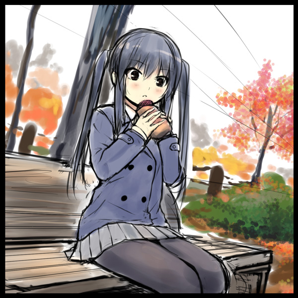 bench coffee-kizoku food jacket k-on! nakano_azusa pantyhose school_uniform sitting sketch skirt solo tree twintails