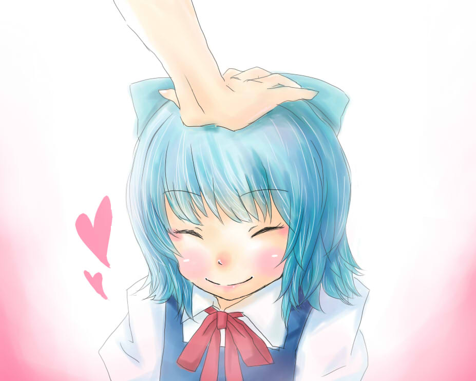 blush cirno closed_eyes heart kome_onna out_of_frame petting solo_focus touhou