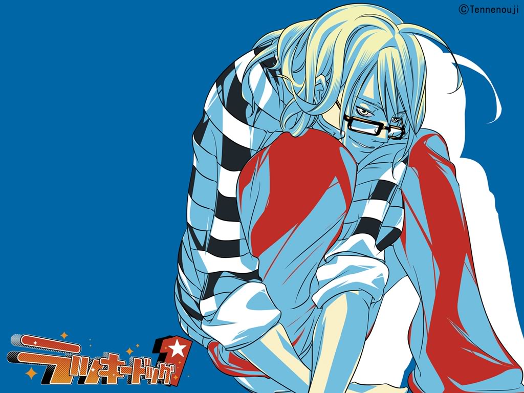 1boy bernardo_ortolani blond blonde_hair boy glasses lucky_dog male male_focus prison prisoner sitting solo striped stripes tennenouji