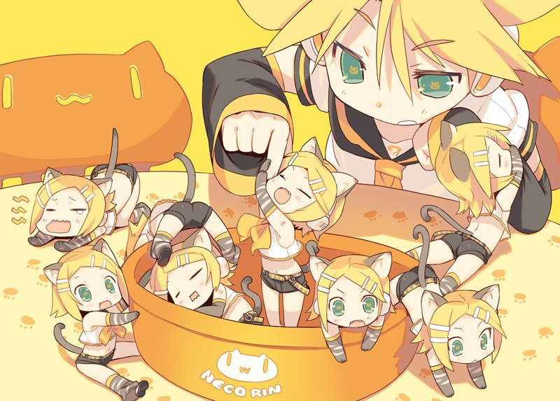 1boy 6+girls :d animal_ears bangs black_sailor_collar black_shorts black_sleeves blade_(galaxist) blonde_hair brother_and_sister cat-shaped_pupils cat_ears cat_girl cat_tail chibi commentary_request detached_sleeves elbow_gloves eyebrows_visible_through_hair eyes_closed fang fangs fingernails gloves green_eyes grey_gloves hair_between_eyes hair_ornament hairclip kagamine_len kagamine_rin long_hair long_sleeves minigirl multiple_girls neckerchief necktie open_mouth orange_neckwear parted_bangs puffy_short_sleeves puffy_sleeves sailor_collar school_uniform serafuku shirt short_shorts short_sleeves shorts siblings sleeveless sleeveless_shirt smile speech_bubble symbol-shaped_pupils tail twins v-shaped_eyebrows vocaloid wavy_mouth white_shirt yawning yellow_background