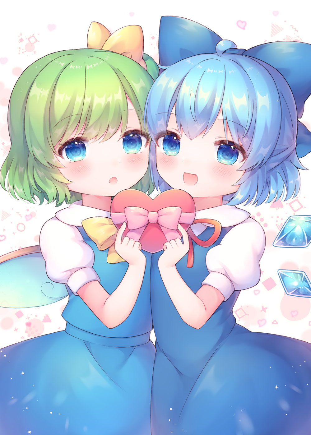 2girls :d :o ahoge blue_bow blue_dress blue_eyes blue_hair blue_wings bow box cirno collared_shirt commentary_request daiyousei detached_wings dress fairy_wings gift gift_box green_hair hair_bow heart-shaped_box highres holding holding_gift ice ice_wings looking_at_viewer multiple_girls neck_ribbon one_side_up pjrmhm_coa puffy_short_sleeves puffy_sleeves red_ribbon ribbon shirt short_sleeves sleeveless sleeveless_dress smile touhou white_background white_shirt wings yellow_bow