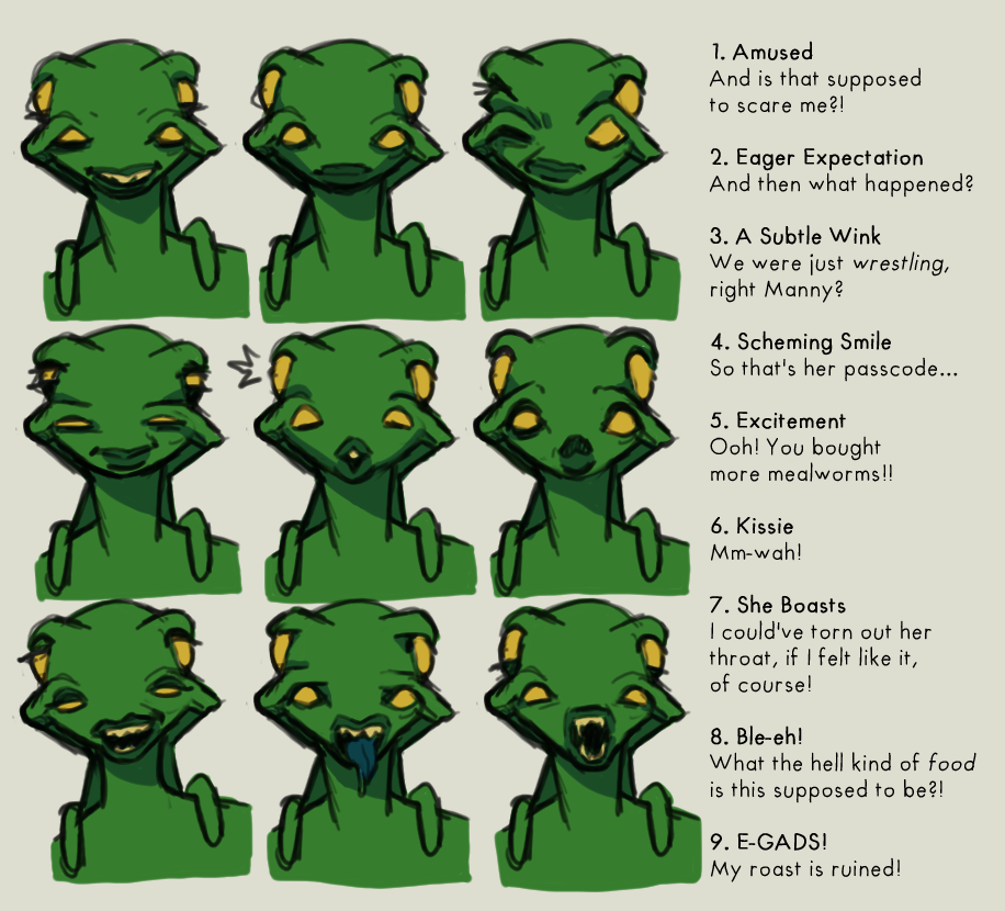 alien cadets_(md34) caption dialogue disgust expression_sheet fangs female frown green_body humanoid md34 one_eye_closed open_mouth posthuman puck scheming sharp_teeth smile smug solo surprise teeth tentacles text thelmani_(md34) tongue tongue_out wink