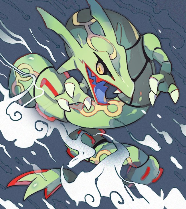 akadako claws cloud cloudy_sky colored_skin commentary commentary_request fangs green_skin looking_at_viewer no_humans open_mouth outdoors pokemon pokemon_(creature) rain rayquaza sky solo storm wind yellow_eyes