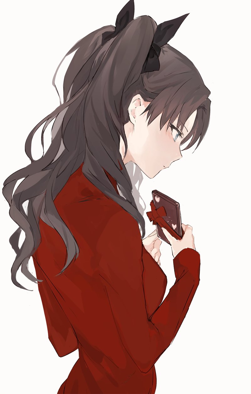 1girl black_bow black_hair blue_eyes bow box breasts chocolate closed_mouth commentary fate/stay_night fate_(series) from_above gift gift_box hair_bow heart highres holding holding_gift long_hair looking_away looking_down looking_to_the_side lpip medium_breasts red_bow red_sweater simple_background solo standing sweater symbol-only_commentary tohsaka_rin tsundere two_side_up upper_body valentine white_background