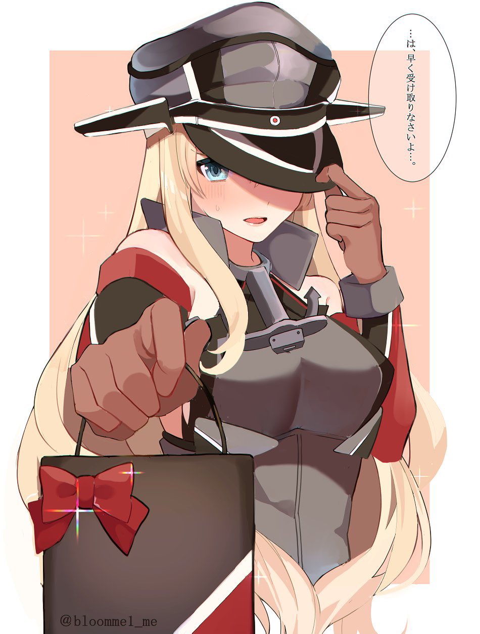 1girl bag bangs bare_shoulders bismarck_(kancolle) blonde_hair blue_eyes blush breasts brown_gloves elbow_gloves gift gift_bag gloves hat highres kantai_collection kozu_(bloomme1_me) long_hair medium_breasts military military_hat military_uniform open_mouth peaked_cap redrawn simple_background solo speech_bubble translation_request twitter_username uniform upper_body valentine