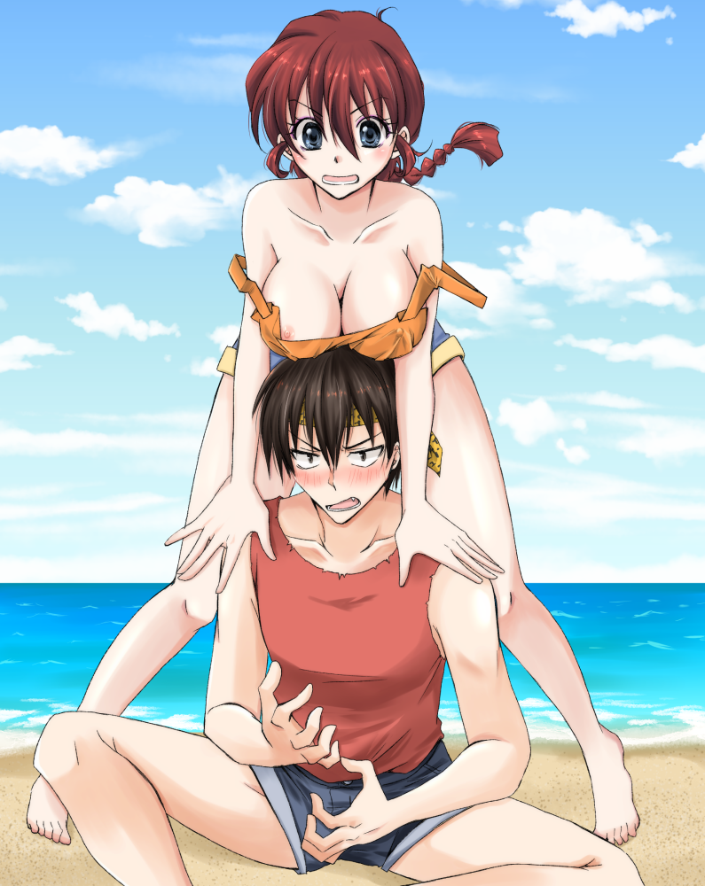 bare_shoulders barefoot beach black_hair blue_eyes blue_shorts blue_sky blush braid braided_ponytail breast_rest breasts breasts_on_head cleavage cloud cloudy_sky constricted_pupils covered_nipples day fang feet_out_of_frame frown hanging_breasts headband hibiki_ryouga horizon large_breasts leaning_forward legs messy_hair nipple_slip nipples ocean open_mouth orange_shirt outdoors ranma-chan ranma_1/2 red_hair red_shirt shirt short_hair short_shorts shorts single_braid sitting sky standing strap_slip tank_top toes uehara_doh yellow_headband