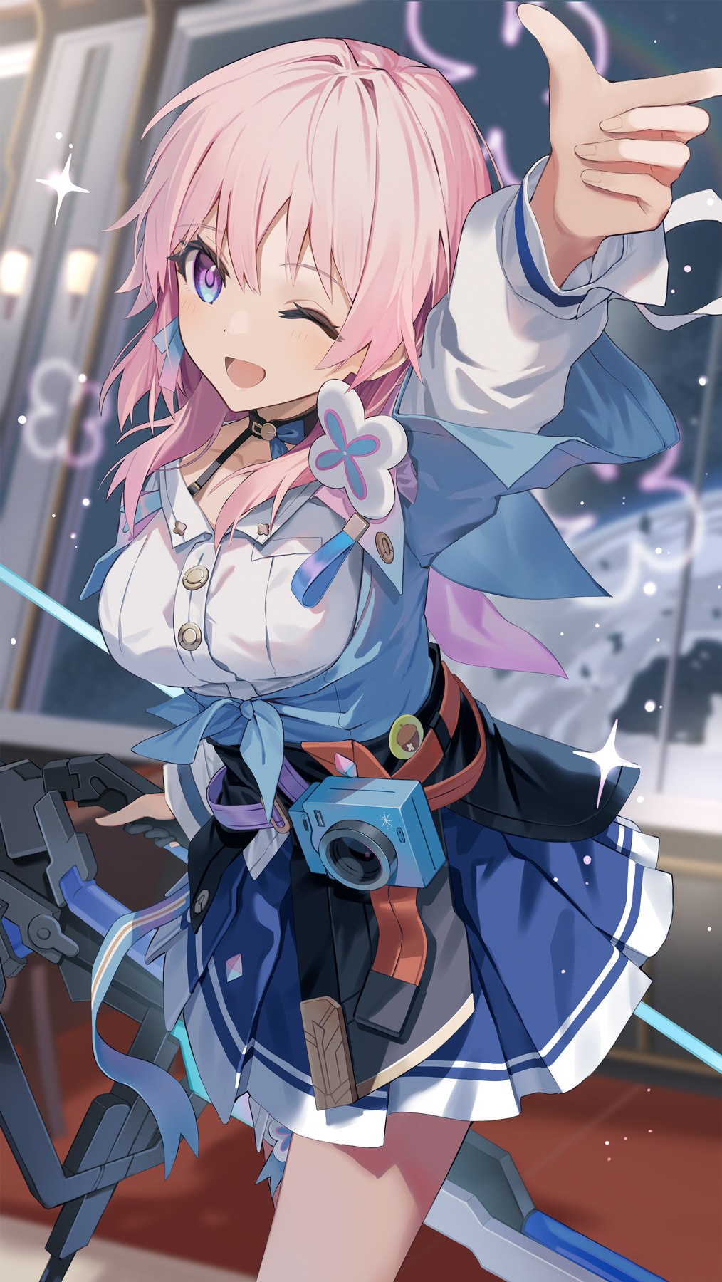 acorn archery_shooting_glove bangs bare_legs belt black_choker blue_eyes blue_jacket blue_skirt breasts brown_belt buttons camera choker commentary cow crossbow flower_ornament gloves gradient_eyes highres holding holding_crossbow holding_weapon honkai:_star_rail honkai_(series) jacket large_breasts march_7th_(honkai:_star_rail) medium_hair motto_(night_wear) multicolored_eyes multiple_belts one_eye_closed open_mouth partially_fingerless_gloves pink_eyes pink_hair pleated_skirt pointing pointing_up skirt smile tied_jacket underbust weapon