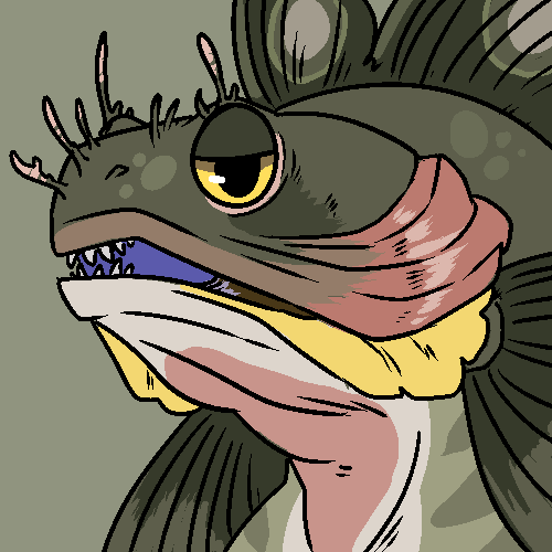 1:1 ambiguous_gender anthro bust_portrait fish glistening glistening_eyes green_background green_body imperatorcaesar looking_at_viewer low_res marine narrowed_eyes no_sclera open_mouth portrait red_body sharp_teeth simple_background solo teeth yellow_eyes