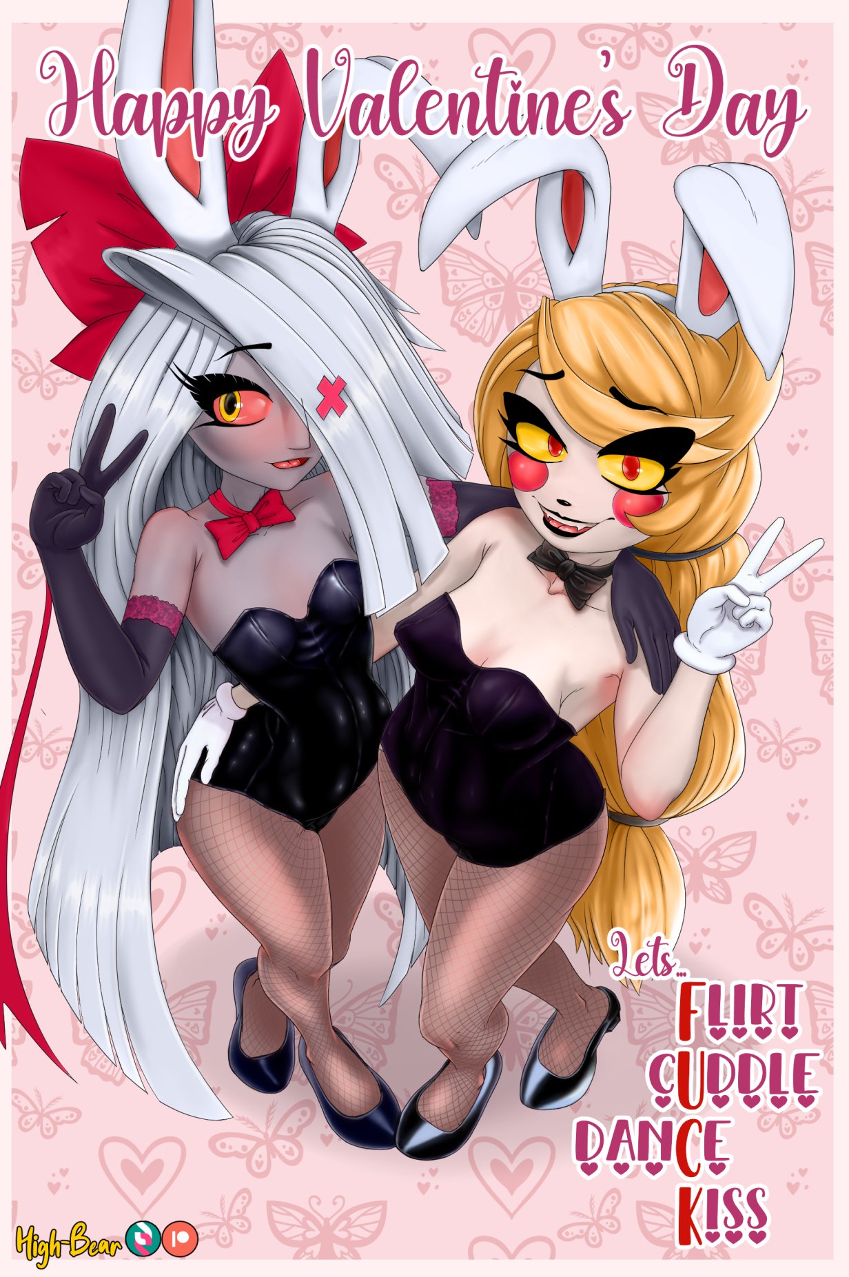 &lt;3 accessory blonde_hair blush bow_(feature) bow_accessory bow_ribbon breasts bunny_costume charlie_morningstar clothing costume demon duo fake_ears fake_rabbit_ears female female/female grey_body grey_skin hair hair_accessory hair_bow hair_ribbon hand_on_butt hazbin_hotel hi_res high-bear holidays human humanoid humanoid_on_humanoid long_hair mammal not_furry open_mouth photo playboy_bunny red_eyes ribbons selfie small_breasts smile vaggie_(hazbin_hotel) valentine's_day white_body white_skin yellow_eyes
