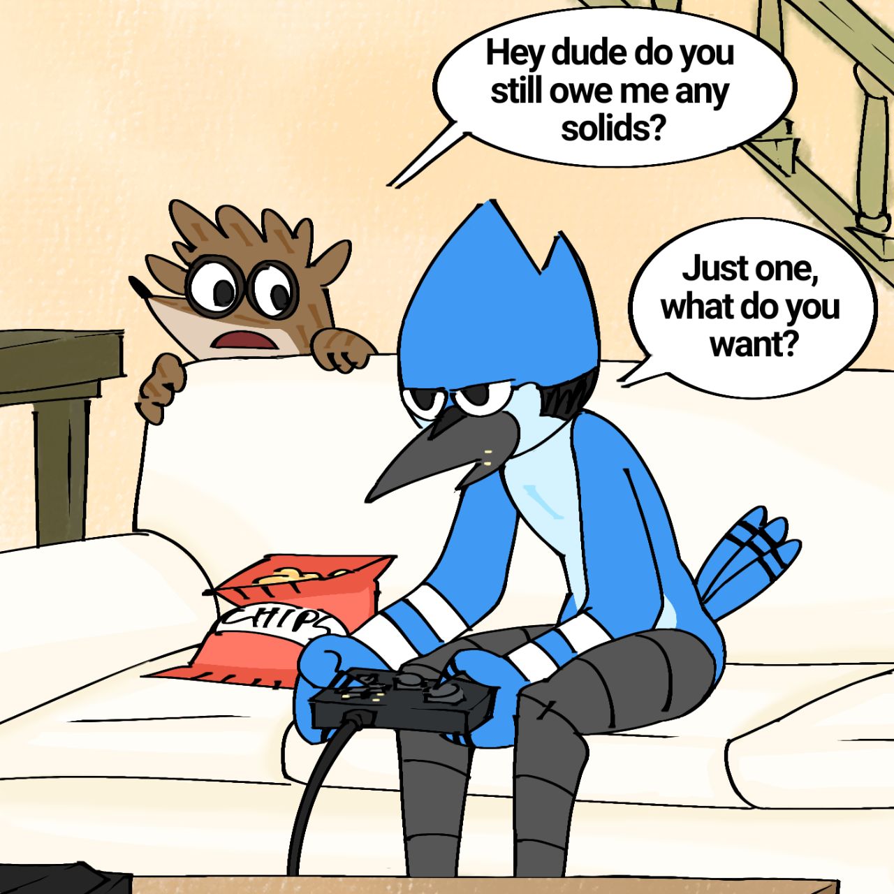 2019 anthro asking asking_another asking_for_favor avian beak biped bird black_beak black_nose blue_body blue_feathers blue_jay brown_body brown_fur cartoon_network chips_(food) comic controller cord corvid detailed_background dialogue digital_media_(artwork) dude duo english_text feathers food fur furniture game_controller hi_res holding_controller holding_game_controller holding_object inside interspecies jay_(bird) male mammal mordecai_(regular_show) multicolored_body multicolored_feathers multicolored_fur new_world_jay nude on_sofa open_mouth oscine passerine pb-art potato_chips procyonid question raccoon regular_show requesting rigby_(regular_show) sofa speech_bubble talking_to_another tan_body tan_fur text white_body white_feathers wired_controller