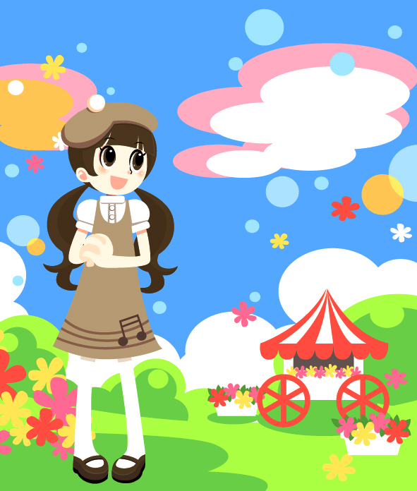 1girl beret blush brown_footwear cloud dress flower hat illustrator mary_janes musical_note musical_note_print open_mouth own_hands_clasped own_hands_together pantyhose pink_flower pop'n_music puffy_short_sleeves puffy_sleeves red_flower sanae-chan shio_(orange_lounge) shirt shoes short_sleeves smile wagon white_pantyhose white_shirt yellow_flower