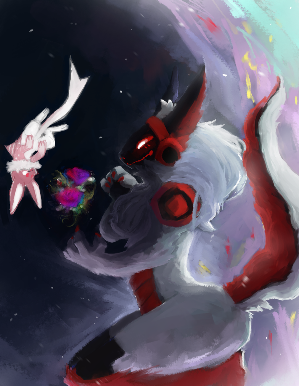 &lt;3 3_fingers 4_toes abstract_background black_body black_fur blush butt chest_tuft colored_nails dorsal_fin duo ears_up featureless_crotch feet female female_anthro fin fingers flower fluffy fur fur_markings glitch hi_res hindpaw inner_ear_fluff key_rooki kneeling long_ears looking_at_another machine markings nails neck_tuft noisy_(redace83) paper_(redace83) paws pink_body pink_ears pink_eyes plant protogen raised_tail red_body red_fur red_nails screen screen_face shark_tail tail toes tuft white_body white_fur