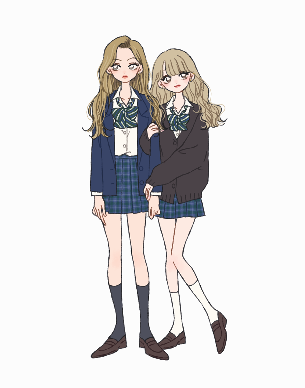 2girls arms_at_sides bangs black_cardigan blazer blue_skirt blue_socks blunt_bangs bow bowtie bright_pupils brown_footwear buttons cardigan collarbone collared_shirt commentary full_body green_bow green_bowtie grey_eyes gyaru hair_over_shoulder hands_on_another's_arm highres hug jacket lapels light_brown_hair lipstick loafers long_eyelashes long_hair looking_away looking_to_the_side loose_bowtie makeup multicolored_clothes multicolored_skirt multiple_girls notched_lapels open_clothes open_collar open_jacket original parted_hair plaid plaid_skirt red_lips retro_artstyle rikuwo school_uniform shirt shoes side-by-side simple_background skirt socks standing striped striped_bow striped_bowtie two-tone_bowtie unbuttoned wavy_hair white_background white_bow white_bowtie white_pupils white_shirt white_socks