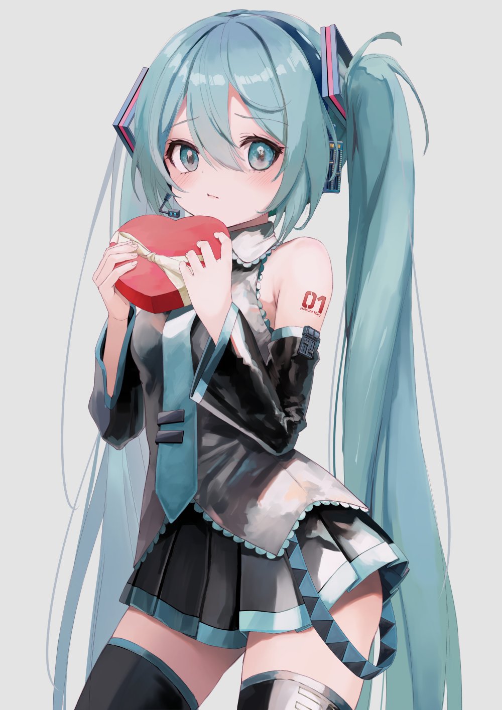 1girl bangs black_thighhighs blue_eyes blue_hair box box_of_chocolates detached_sleeves frown hair_between_eyes hair_ornament hatsune_miku highres holding holding_box light_blush long_hair long_sleeves looking_at_viewer necktie pleated_skirt skirt solo standing takepon1123 thighhighs twintails valentine very_long_hair vocaloid wide_sleeves