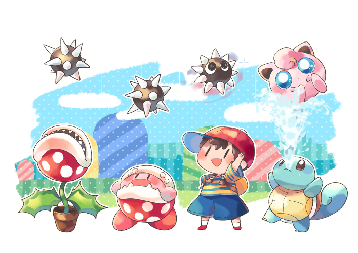 1boy :d arm_up baseball_cap black_hair blue_eyes blue_shirt blue_shorts blue_sky blush brown_eyes closed_mouth commentary_request copy_ability flower_pot full_body gordo halftone hat hill hitofutarai jigglypuff kirby kirby_(series) looking_up mario_(series) mother_(game) mother_2 multicolored_clothes ness_(mother_2) open_mouth piranha_plant pokemon pokemon_(creature) red_footwear red_headwear sharp_teeth shirt shoes short_hair short_sleeves shorts sideways_hat sky smile socks solid_oval_eyes spike_ball squirtle standing striped striped_shirt super_smash_bros. t-shirt teeth two-tone_shirt water white_background white_socks yellow_shirt