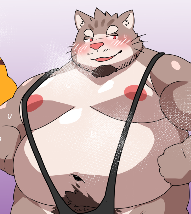 12beat13 2023 belly big_belly blush domestic_cat felid feline felis lifewonders male mammal mankini moobs navel nipples obese obese_male overweight overweight_male sitri tokyo_afterschool_summoners