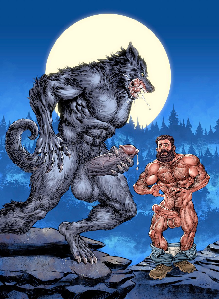 2023 abs anthro arm_hair balls beard big_balls big_penis black_body black_fur bodily_fluids body_hair boots bottomwear bottomwear_down brown_hair canid canine canis chest_hair clothed clothing curled_tail dated digital_media_(artwork) dripping drooling duo erection facial_hair footwear forest full_moon fur genital_fluids genitals grey_body grey_fur hair hi_res holding_penis human larger_anthro larger_male leg_hair logan_kowalsky looking_down_at_partner looking_forward male male/male mammal masturbation moon muscular muscular_anthro muscular_human muscular_male mustache night nipples nude open_mouth orgasm pants pants_down partially_clothed pecs penis plant precum precum_drip pubes rock saliva saliva_drip sharp_teeth shirtless signature size_difference smaller_human smaller_male tail teeth tree underwear vein veiny_penis were werecanid werecanine werewolf wolf yellow_eyes