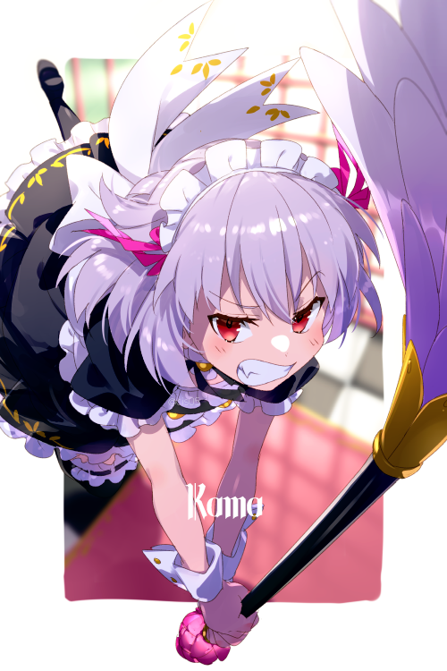 1girl alternate_costume apron bangs black_dress blush breasts buttons clenched_teeth collar double-breasted dress duster echo_(circa) enmaided fate/grand_order fate/grand_order_arcade fate_(series) feather_duster frills hair_ribbon kama_(fate) kama_(mistake)_(fate) looking_at_viewer maid maid_headdress neck_ribbon puffy_short_sleeves puffy_sleeves red_eyes ribbon short_hair short_sleeves small_breasts solo teeth waist_apron white_apron white_hair