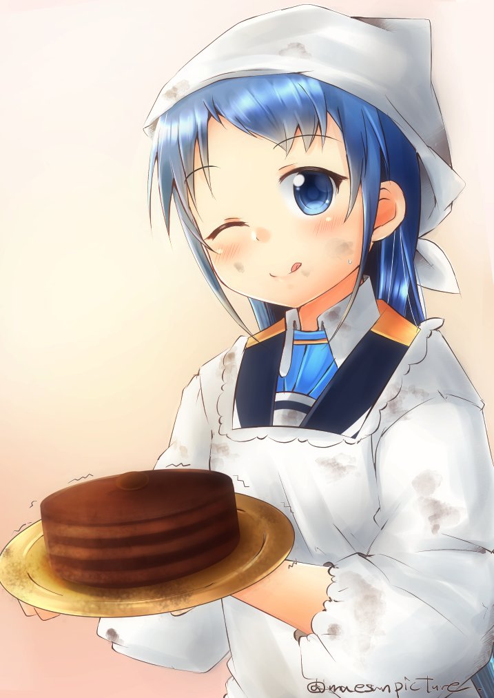 1girl apron artist_name bandana bangs blue_eyes blue_hair blush cake commentary_request food holding holding_plate kantai_collection kappougi long_hair looking_at_viewer mae_(maesanpicture) one_eye_closed plate sailor_collar samidare_(kancolle) simple_background solo swept_bangs tongue tongue_out translation_request very_long_hair white_background white_headwear