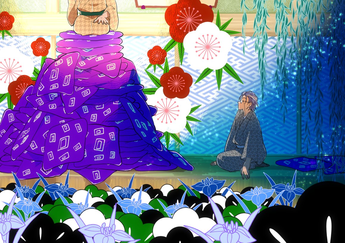 2boys blue_flower blue_sash cherry_blossoms cushion eyewear_strap flower flower_(symbol) from_side full_body glasses green_sash grey_hair grey_kimono hair_slicked_back head_out_of_frame houndstooth hypnosis_mic indoors iris_(flower) japanese_clothes kimono looking_at_another looking_up male_focus multicolored_hair multiple_boys nurude_sasara opaque_glasses orange_kimono print_kimono profile purple_hair red_flower round_eyewear sash sayagata seigaiha seiza short_hair sitting stage streaked_hair teria_(teriarian) too_many tsutsujimori_rosho white_flower willow zabuton