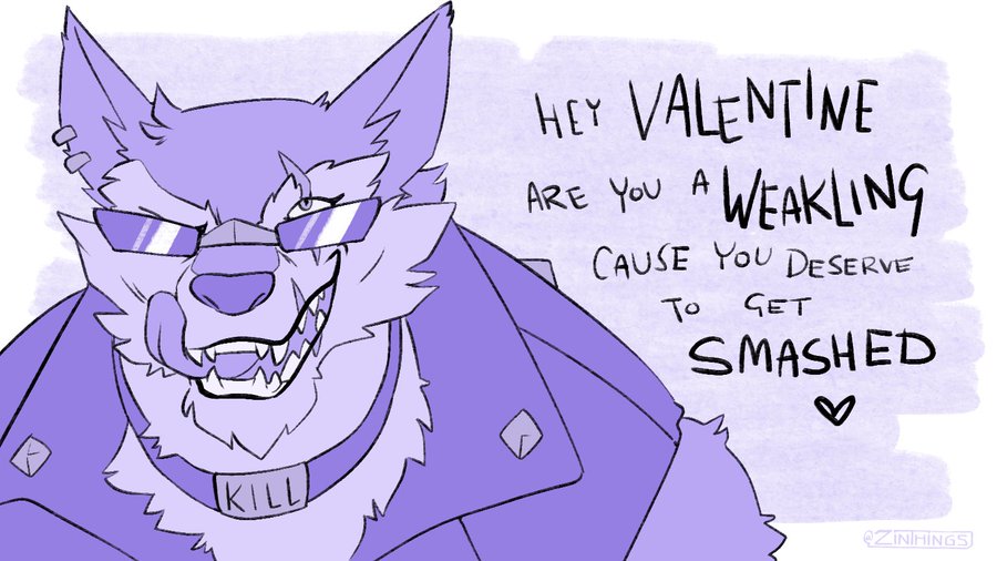 anthro canid canine canis clothing collar dislyte ear_piercing ear_ring eye_scar eyewear facial_scar fangs freddy_(dislyte) fur holidays licking licking_lips male mammal piercing ring_piercing scar snout snout_scar solo sunglasses teeth text tongue tongue_out valentine's_day valentine's_day_card wolf zinthings