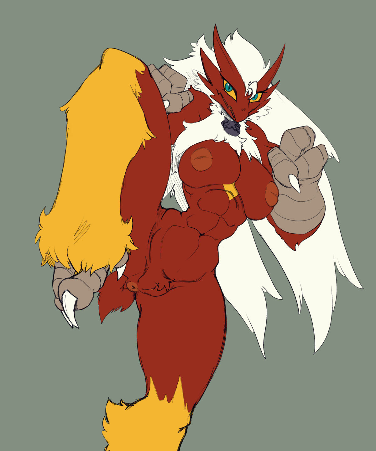 3_fingers 5:6 anthro anus blaziken blue_eyes breasts claws female fighting_pose fingers generation_3_pokemon genitals hair hi_res imric1251 navel nintendo pokemon pokemon_(species) pose pussy red_body shiny_pokemon simple_background solo toe_claws white_hair