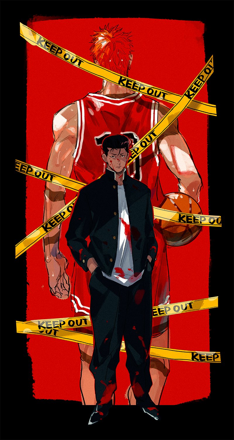 2boys arm_at_side ball basketball basketball_uniform black_hair black_jacket black_pants blood blood_on_arm blood_on_clothes blood_on_face blood_on_feet blood_on_leg caution_tape clothes_writing facing_away full_body gakuran hair_slicked_back hands_in_pockets highres holding holding_ball jacket keep_out looking_at_viewer male_focus miyagi_ryouta multiple_boys outside_border pants pom_pom_(clothes) pompadour red_background red_hair red_shirt red_shorts sakuragi_hanamichi school_uniform shirt shoes short_hair shorts simple_background slam_dunk_(series) sleeveless sleeveless_shirt sportswear standing sweat u-min